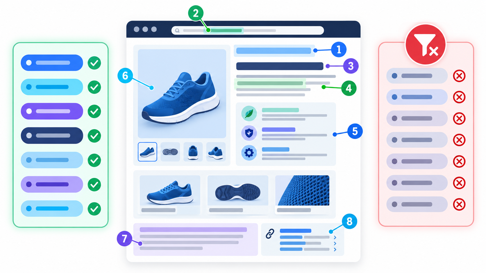 Numbered product page map showing eight useful keyword placement areas and a duplicate keyword filter