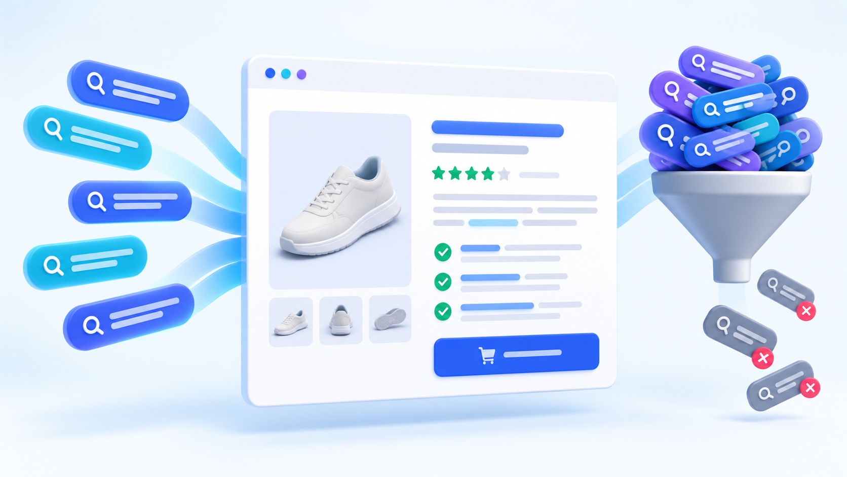 Ecommerce product page receiving relevant keywords while duplicate phrases are filtered out
